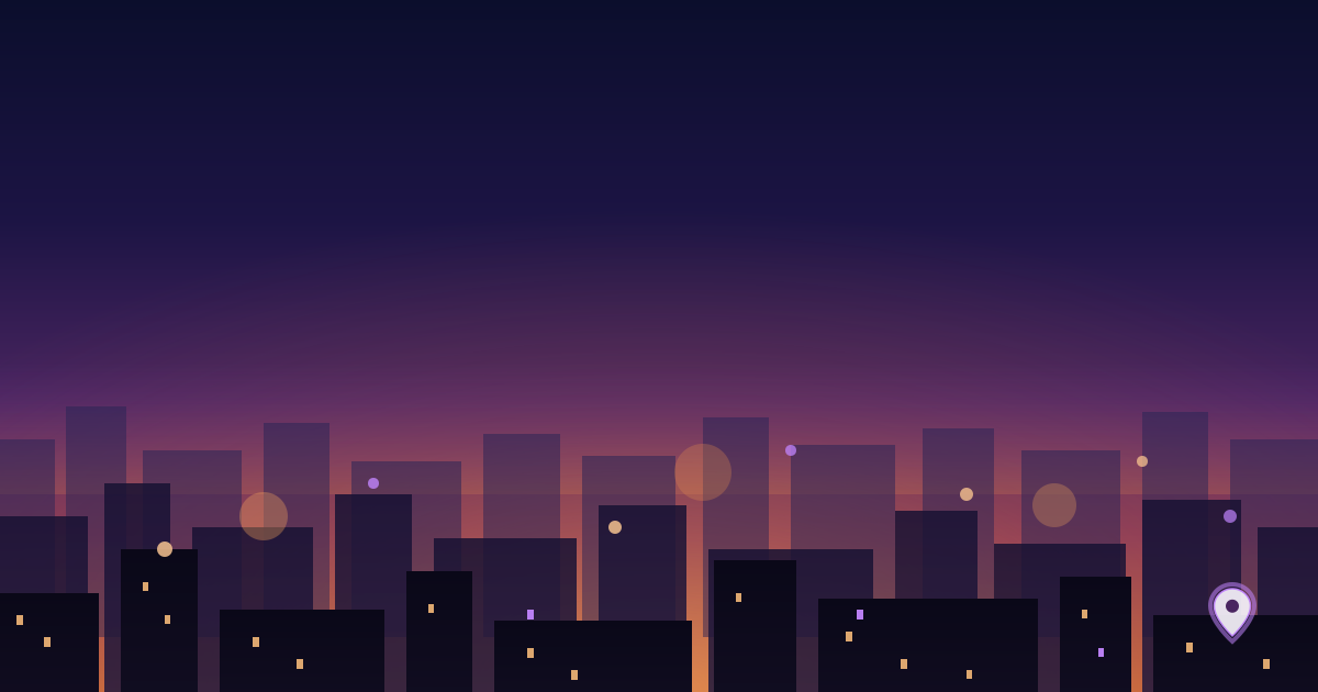 Skyline estilizado de São Paulo ao entardecer com luzes âmbar e roxas, remetendo a uma festa corporativa de fim de ano, com marcador de localização discreto no canto inferior direito
