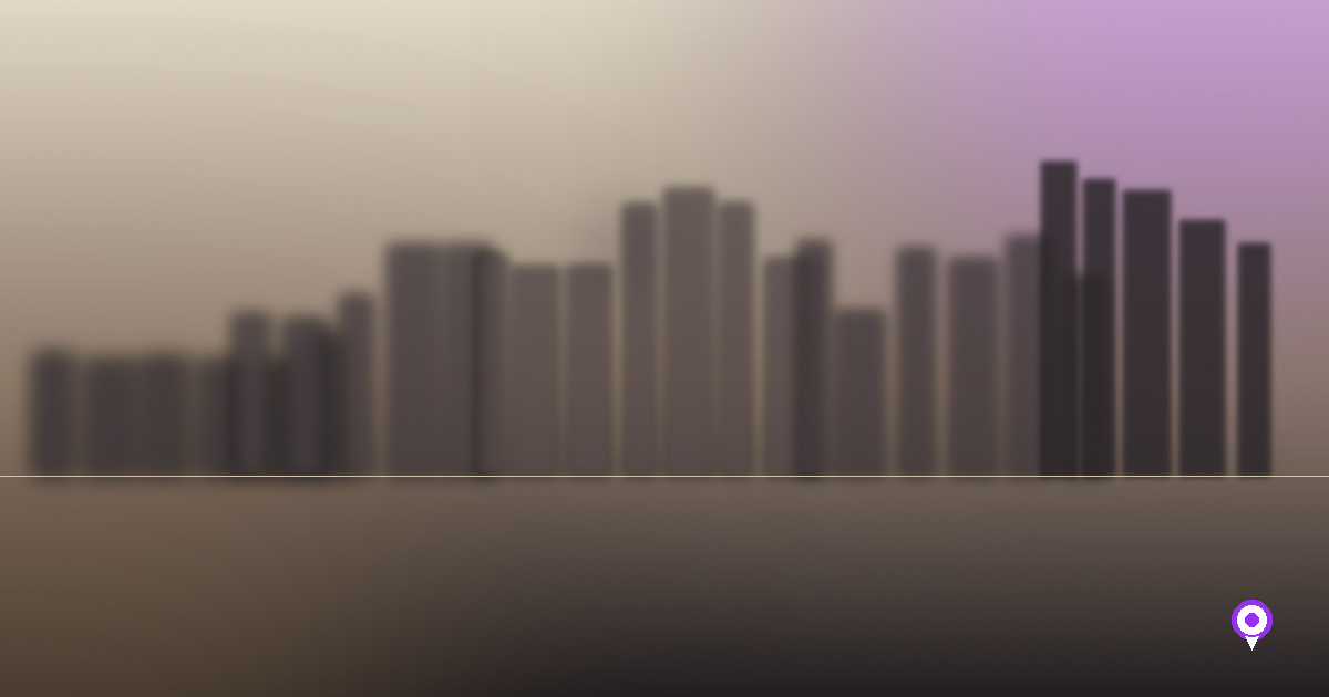 Ilustração abstrata de um horizonte urbano de São Paulo em tons quentes, representando diferentes bairros para eventos corporativos, com um marcador de localização em roxo no canto inferior direito