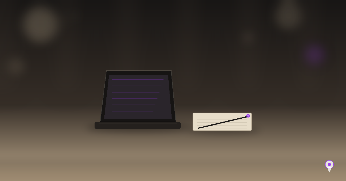 Mesa de escritório com laptop aberto e caderno, em composição editorial escura com toque de roxo, representando o planejamento de orçamento de um evento corporativo