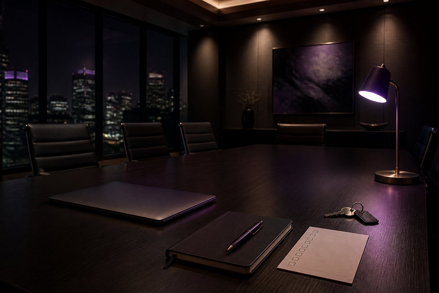 Sala de reunião corporativa escura com notebook fechado, caderno e caneta sobre a mesa e luminária em tom roxo, com vista noturna da cidade