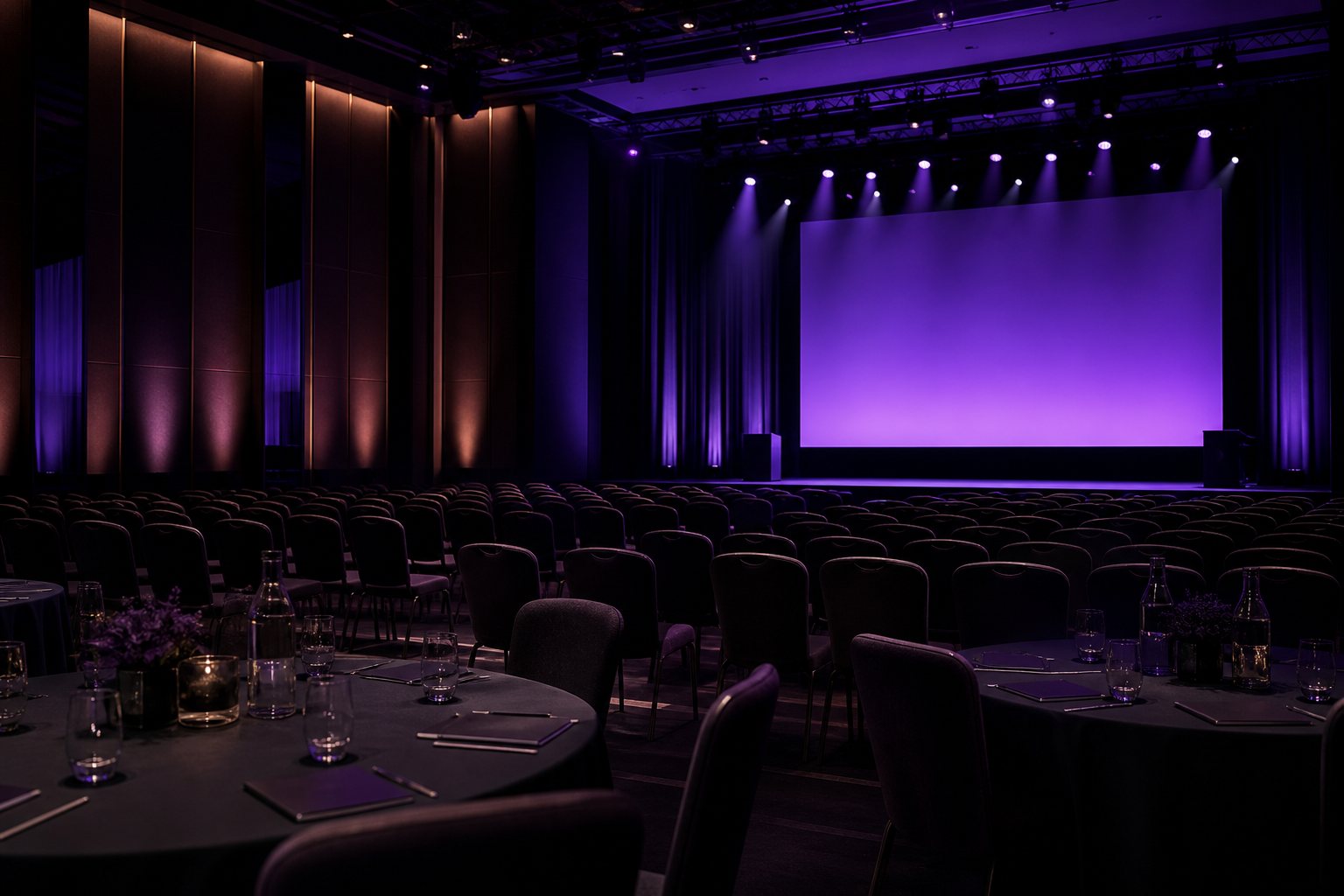 Salão de convenções preparado para um kickoff, com mesas postas em primeiro plano e palco ao fundo com refletores e tela em tom roxo