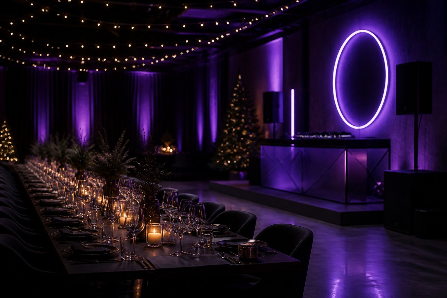 Salão de festa de fim de ano com mesa longa posta à luz de velas, luzes decorativas no teto e palco com néon em tom roxo