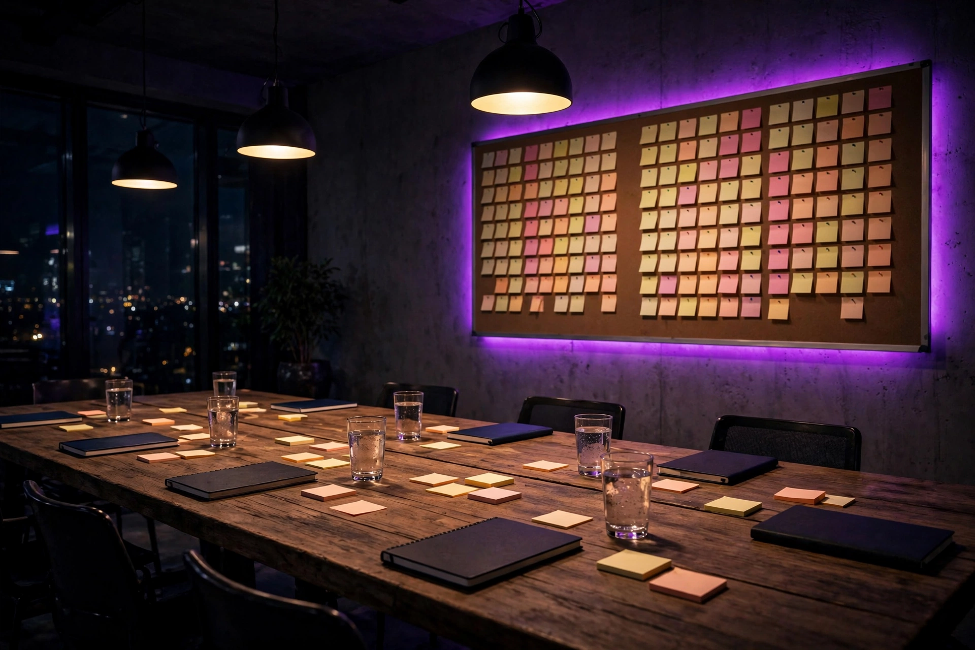 Sala de reunião vazia com mesa longa de madeira, post-its, notebooks fechados e quadro de planejamento na parede, com luz suave e destaque roxo